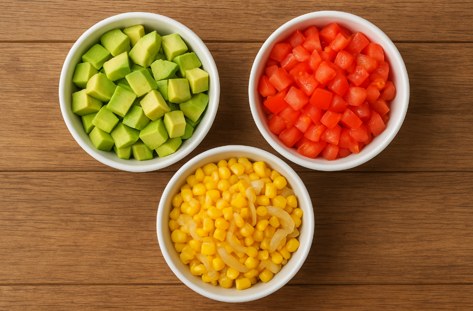 Cubed avocados, tomatoes and boiled sweetcorn tossed with sauteed onions.