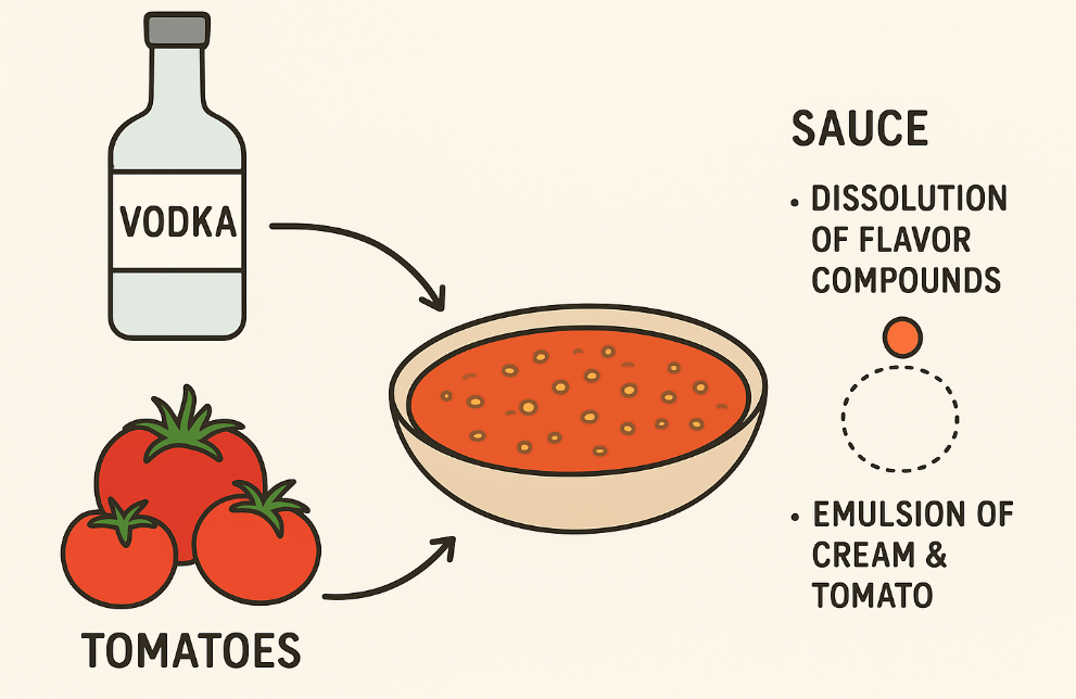 A diagram showing how emulsions of the tomato and cream create more complex flavour profiles