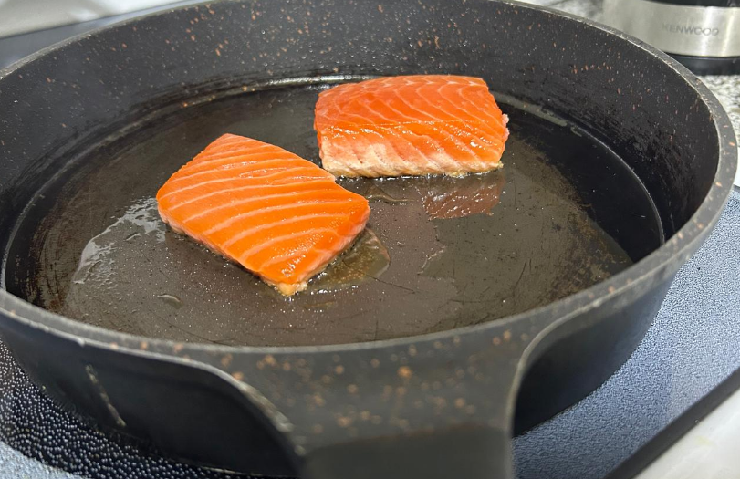 Frying the salmon skin-side down